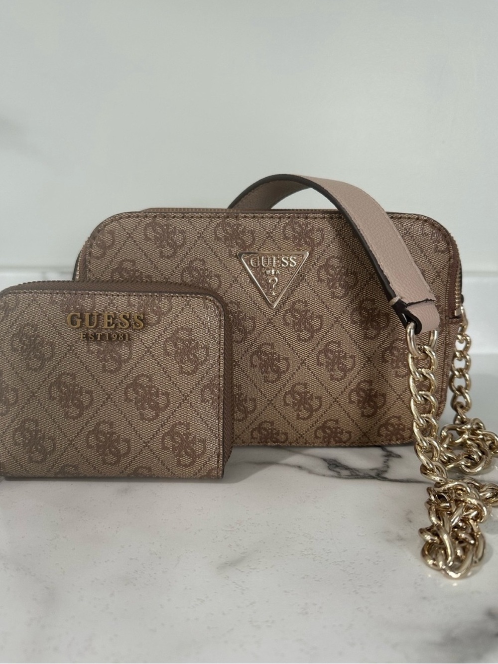 GUESS Light Brown Crossbody Bag with Wallet and Chain